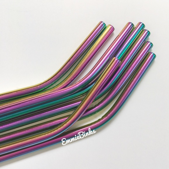 New Reusable Stainless Steel Oil Slick Holographic Tumbler Straw Set - Picture 7 of 14